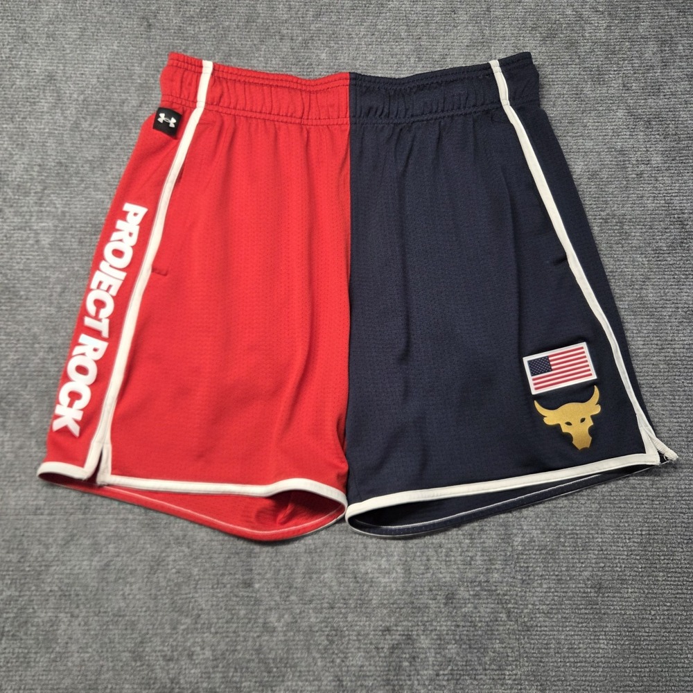 Under Armour Project Rock Shorts Mens Large Red Blue USA Flag Brahma Bull